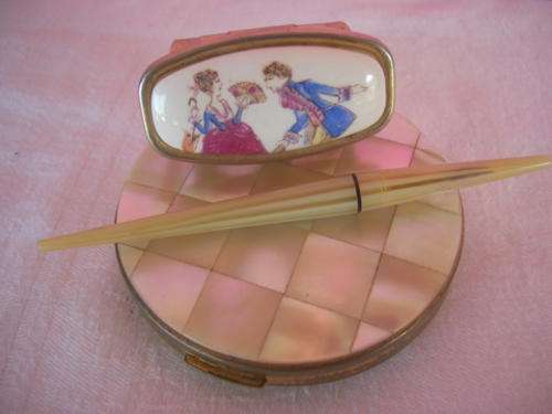 MOTHER OF PEARL COMPACT, LIPBRUSH AND LIPSTICK HOLDER - ALL VINTAGE