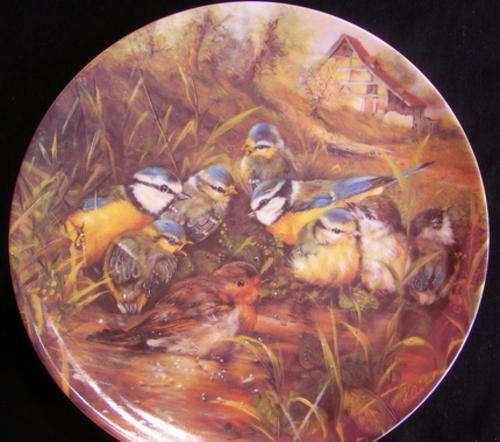 ROTSKLETCHEN BEIM BADEN - LOVELY GERMAN DECORATIVE PLATE - BIRDS HAVING A BATH