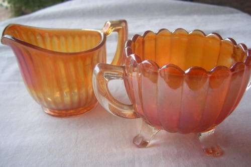 CARNIVAL GLASS MILKJUG AND SUGARBASIN