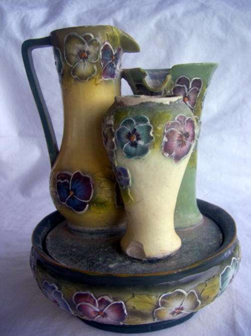 VERY PRETTY VICTORIAN GROUP OF PITCHERS AND VASES WITH PANSY MOTIF