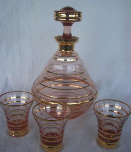 LIGHT PINK AND GOLD SHERRY CARAFE & 3 GLASSES - FROM MURANO ITALY - ALL GLASS