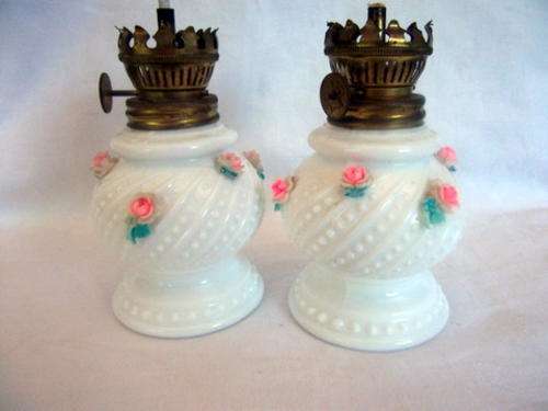 TWO PRETTY MILKGLASS LANTERNS - ROSE THEME