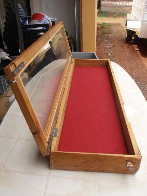 Large wooden display/presentation box with glass, one of two available