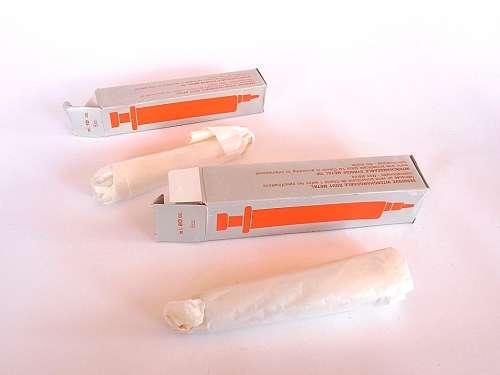 Two Swiss Sanitex Eterna-Matic glass syringes, new in original boxes, 10 ml & 20 ml, Switzerland