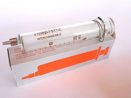 Two Swiss Sanitex Eterna-Matic glass syringes, new in original boxes, 10 ml & 20 ml, Switzerland