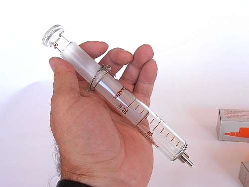 Two Swiss Sanitex Eterna-Matic glass syringes, new in original boxes, 10 ml & 20 ml, Switzerland