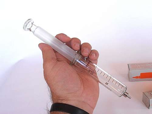 Two Swiss Sanitex Eterna-Matic glass syringes, new in original boxes, 10 ml & 20 ml, Switzerland