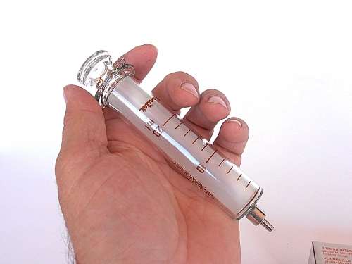 Two Swiss Sanitex Eterna-Matic glass syringes, new in original boxes, 10 ml & 20 ml, Switzerland