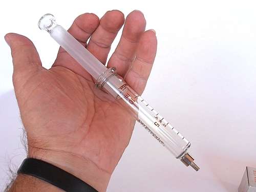 Two Swiss Sanitex Eterna-Matic glass syringes, new in original boxes, 10 ml & 20 ml, Switzerland