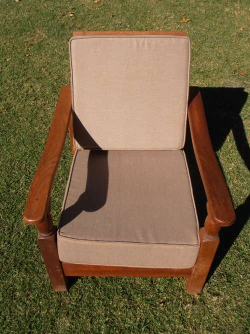 A stylish solid Morris chair with cushions, (one of three available)