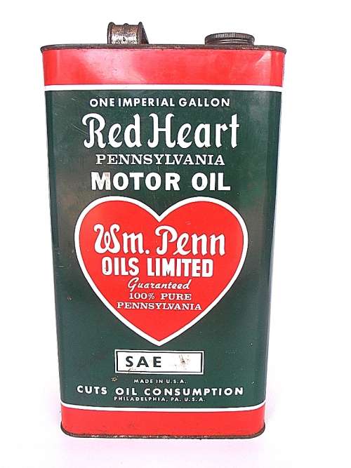 Vintage Red Heart WM Penn metal motor oil can