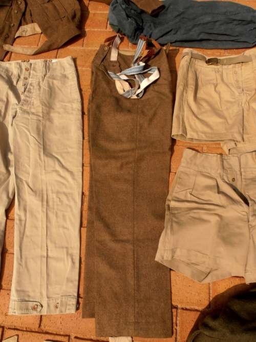 Large lot military clothing, WW2 to 1960's, battle dress, coat, balsak, bag, beige shorts & tops etc
