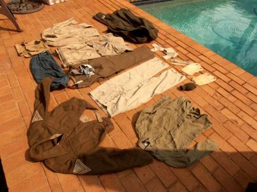 Large lot military clothing, WW2 to 1960's, battle dress, coat, balsak, bag, beige shorts & tops etc