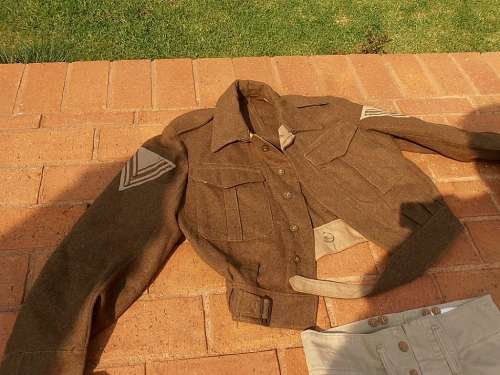 Large lot military clothing, WW2 to 1960's, battle dress, coat, balsak, bag, beige shorts & tops etc
