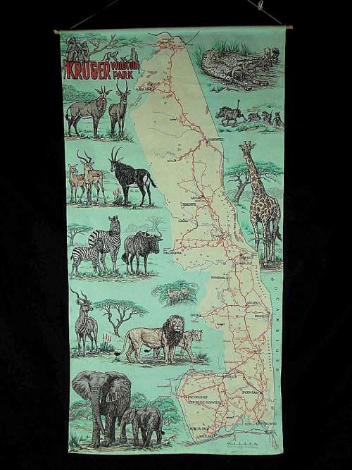 Kruger National Park Krugerwildtuin vintage cloth map, 1973, Hans Kumpf, large 87 cm x 45 cm