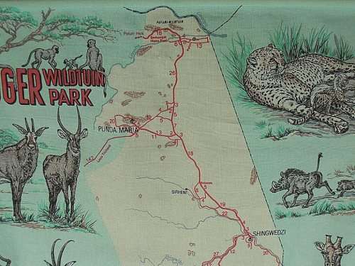 Kruger National Park Krugerwildtuin vintage cloth map, 1973, Hans Kumpf, large 87 cm x 45 cm