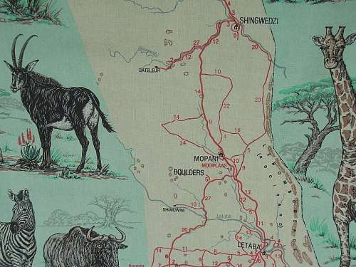Kruger National Park Krugerwildtuin vintage cloth map, 1973, Hans Kumpf, large 87 cm x 45 cm
