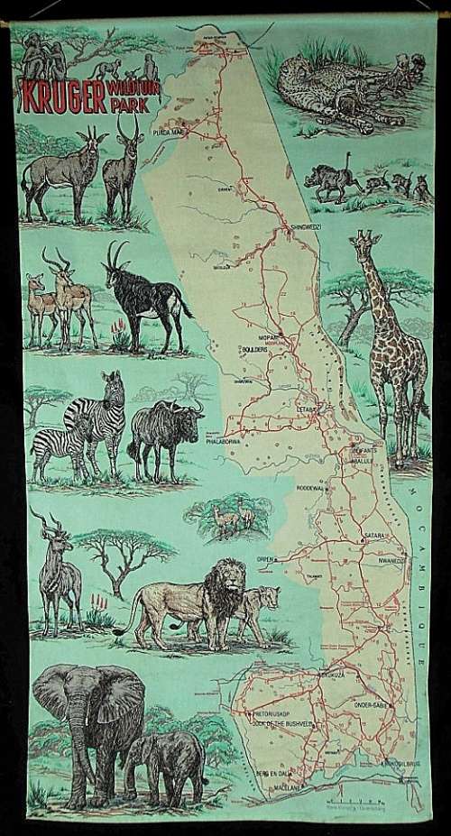 Kruger National Park Krugerwildtuin vintage cloth map, 1973, Hans Kumpf, large 87 cm x 45 cm