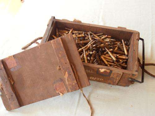 Wooden ammunition box, ammo box, filled with empty cartridges (no 3 of 4 available)
