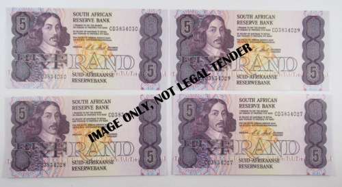 South Africa, 4 Consecutive Five Rand Notes, Excellent condition