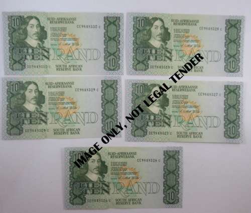 South Africa, 5 Consecutive Ten Rand Notes, Excellent Condition