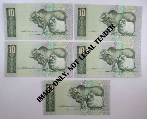 South Africa, 5 Consecutive Ten Rand Notes, Excellent Condition