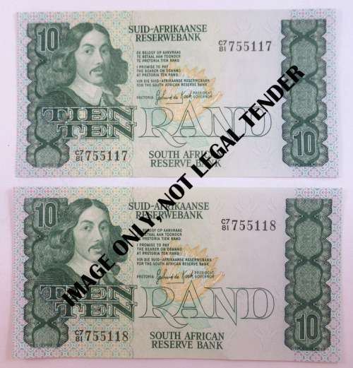 South Africa, 2 Ten Rand Consecutive Notes, Good Condition