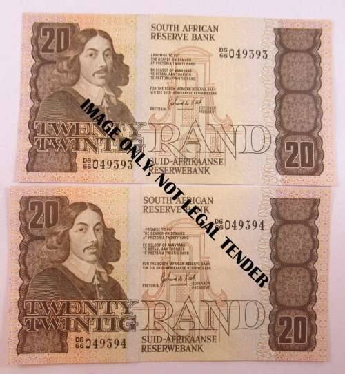 South Africa, 2 Consecutive Twenty Rand Notes, D Series, Good Condition