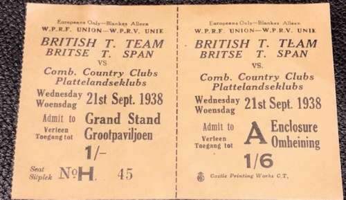 Rugby match ticket British Lions versus Combined Country Clubs 1938