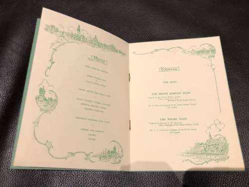 Special rugby program South Africa versus Wales 22 Dec 1951 includes menu