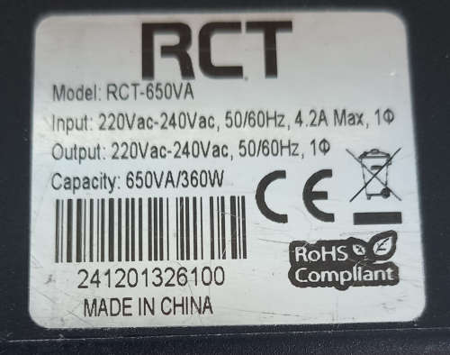 RCT 650VA 360Watt UPS (brand new battery)