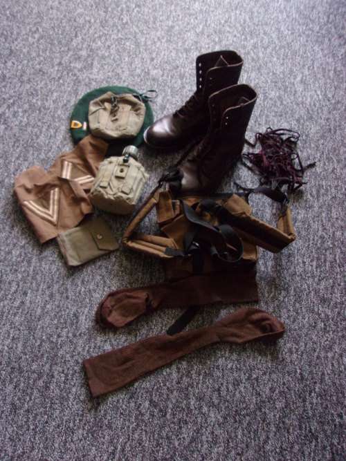 SADF boots, water bottle, beret and other equipment