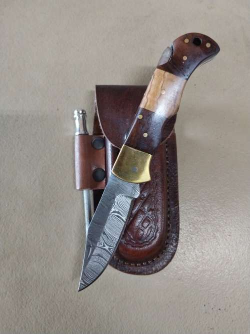 Handmade Damascus Steel Folding Knife with sharpner