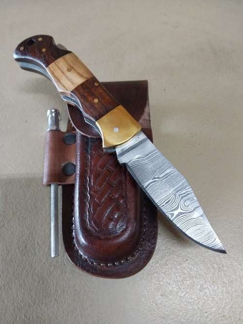 Handmade Damascus Steel Folding Knife with sharpner