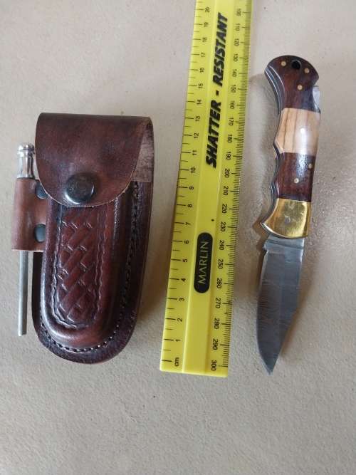 Handmade Damascus Steel Folding Knife with sharpner