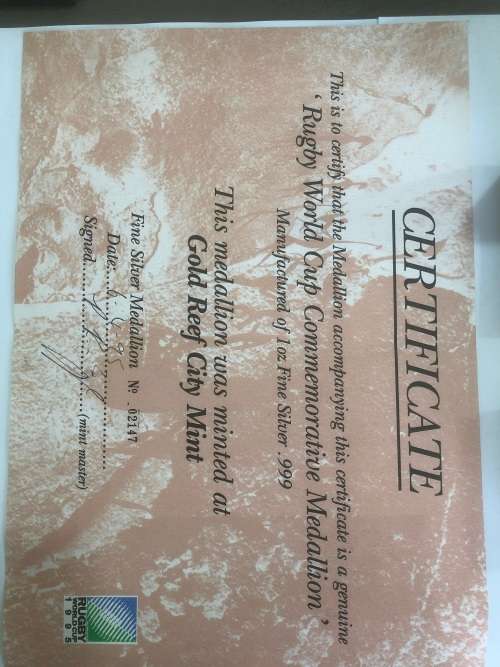 Rugby World Cup Commemorative Medallion. 1 oz Fine Silver .999. Was minted at Golf Reef City Mint.