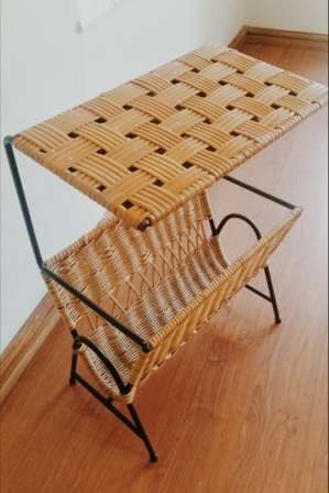 Vintage wicker magazine rack and table