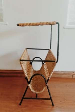 Vintage wicker magazine rack and table