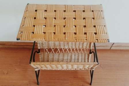 Vintage wicker magazine rack and table