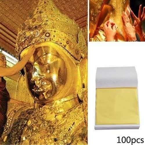 100 Pcs Art Craft Paper Gold Color Leaf Foil Sheet Decor Paper for Gilding DIY Craft Decoration
