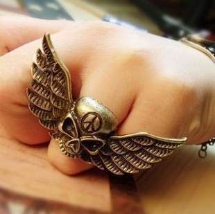 ***True Grace Accessories*** Style Skull Eagle 's Wing Anti-war Symbol Bronze Adjustable Ring
