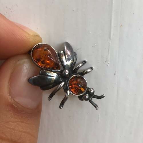 Small Vintage Silver Amber Bug Brooch