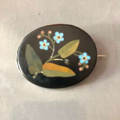Pietra Dura Oval Forget Me Not Antique Silver Brooch