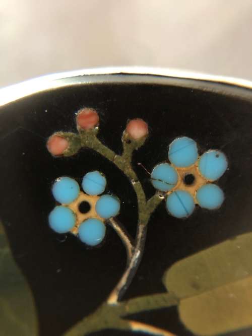 Pietra Dura Oval Forget Me Not Antique Silver Brooch