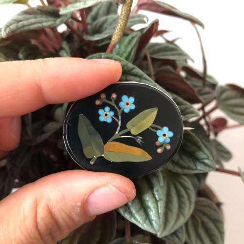 Pietra Dura Oval Forget Me Not Antique Silver Brooch