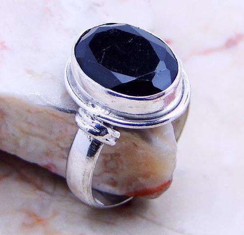 NATURAL BLACK ONYX .925 SILVER RING US Size 7 ; (Z12096)
