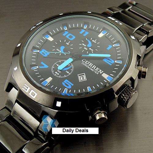 SPORT WATER QUARTZ HOURS DATE HAND BLUE DIAL CLOCK MEN STEEL WRIST WATCH HW151