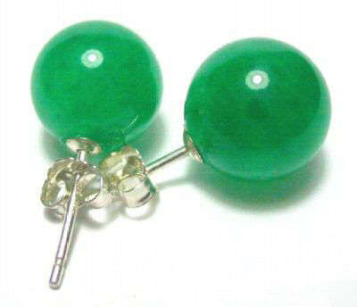 Pair of 10mm Green Jade -- 925 Silver Earring