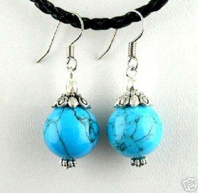 tibet silver turquoise Round bead earrings pair