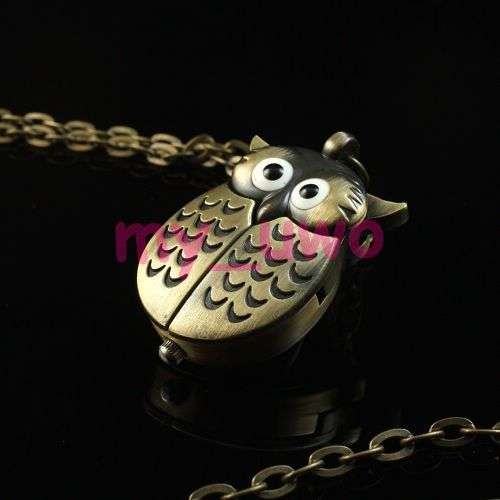 NEW BRONZE TONE OWL DESIGN CHAIN QUARTZ POCKET WATCH
